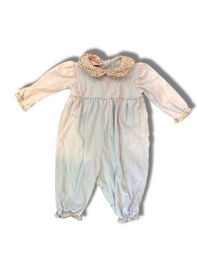 Petit Bebe Baby Girl 6 Months Blue Long Sleeve Romper Floral Peter Pan Collar